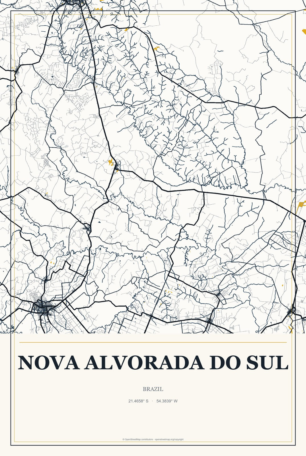 Nova Alvorada do Sul, Brazil City Map Aluminum Sign in Citrine Modern style