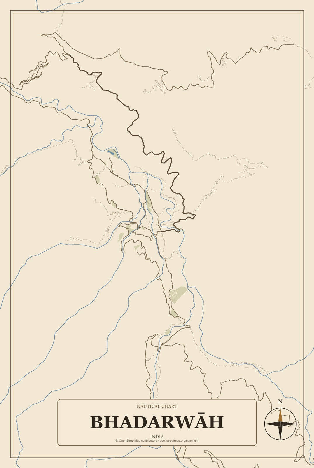 Bhadarwāh, India City Map Aluminum Sign in Heritage Nautical style