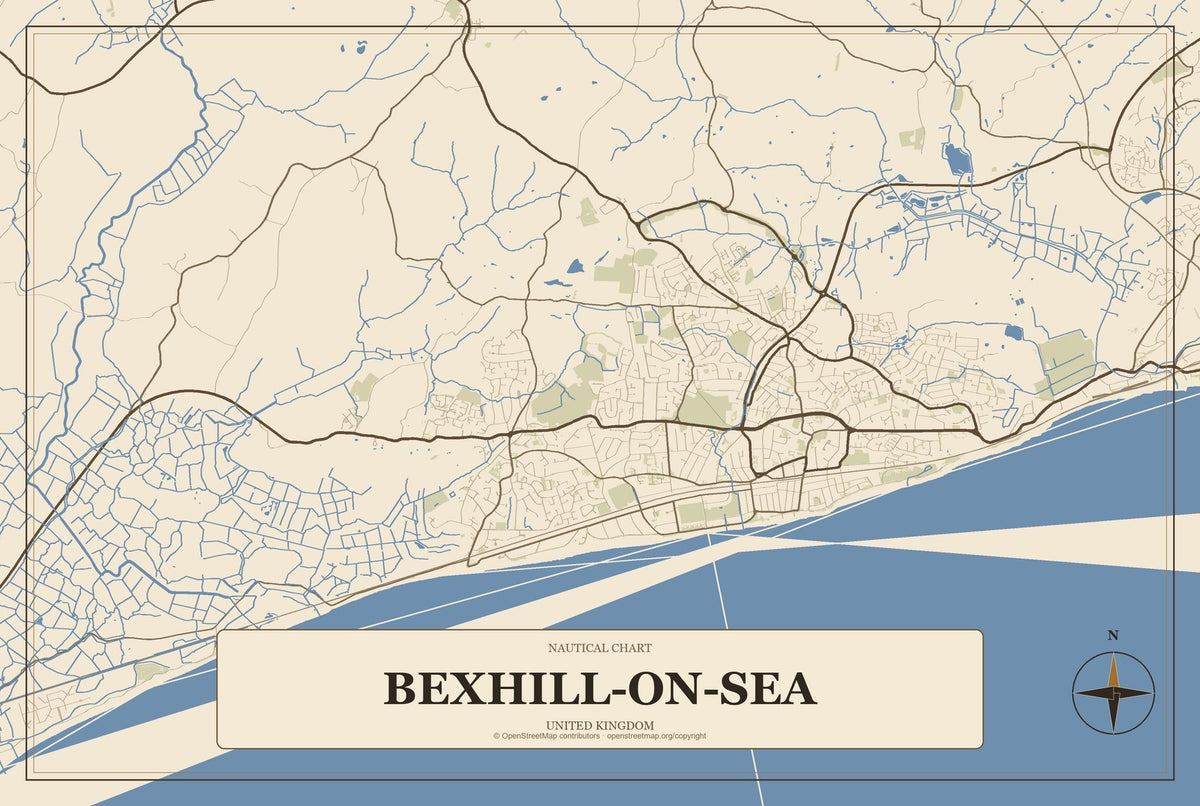 Bexhill-on-Sea, United Kingdom City Map Aluminum Sign in Heritage Nautical style