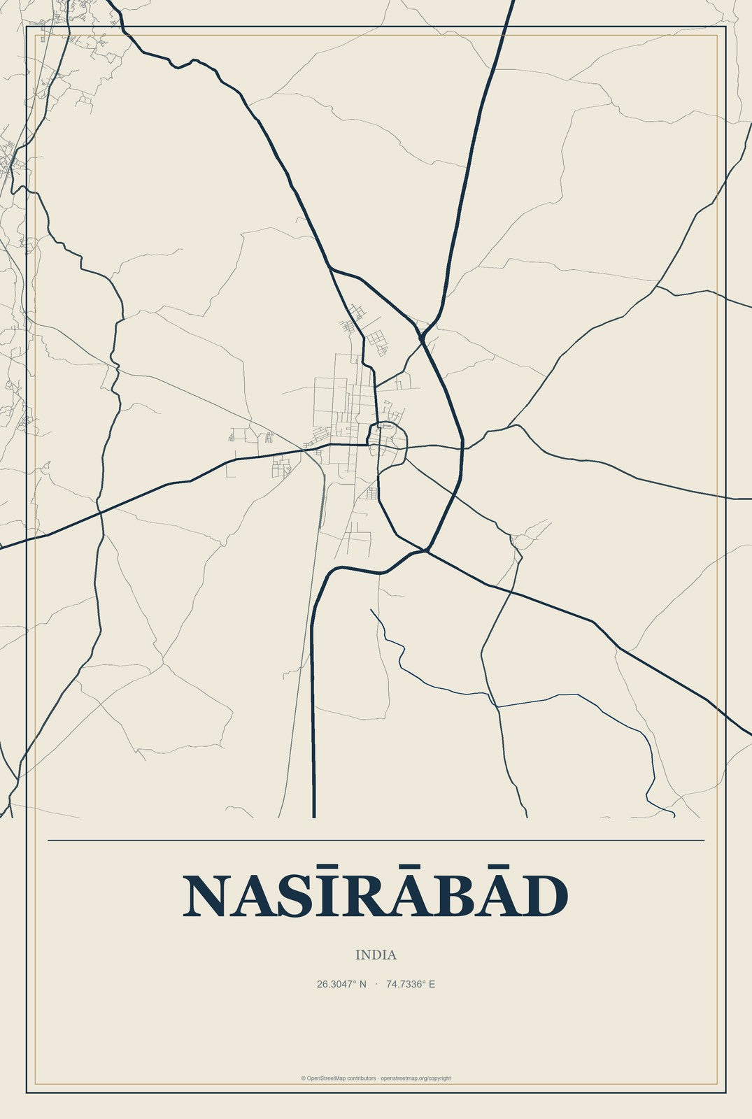 Nasīrābād, India City Map Aluminum Sign in Coastal Cutout style