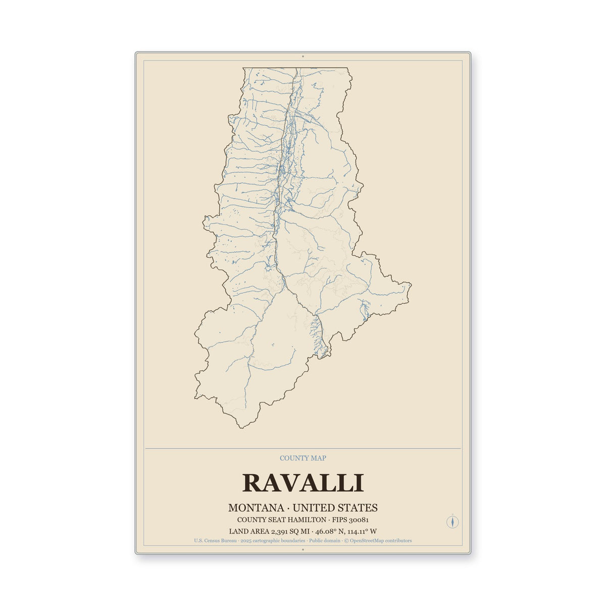 Ravalli County, Montana Map Aluminum Sign in Heritage Nautical style