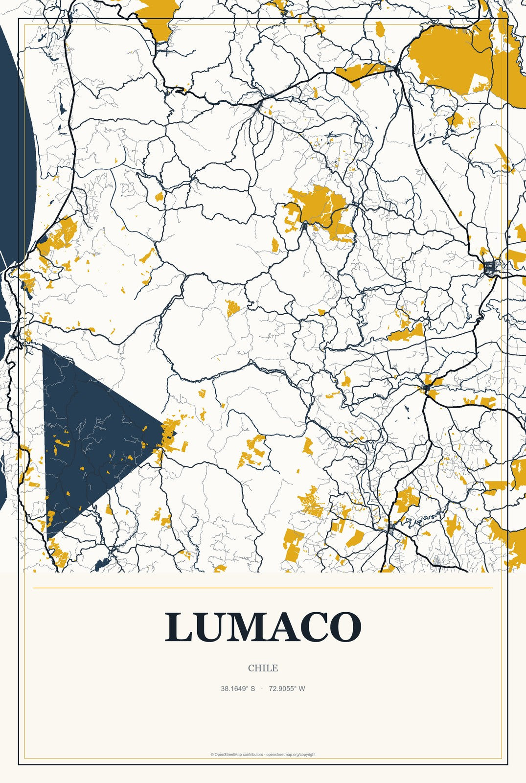 Lumaco, Chile City Map Aluminum Sign in Citrine Modern style