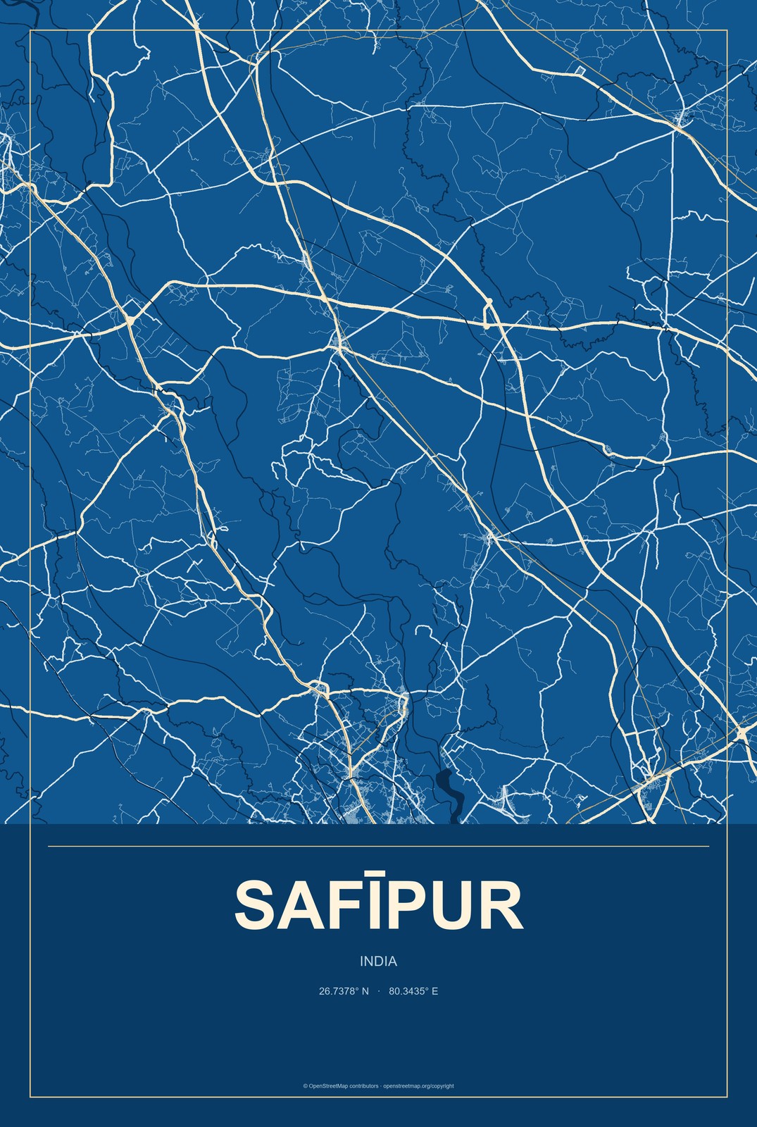 Safīpur, India City Map Aluminum Sign in Harbor Cobalt style