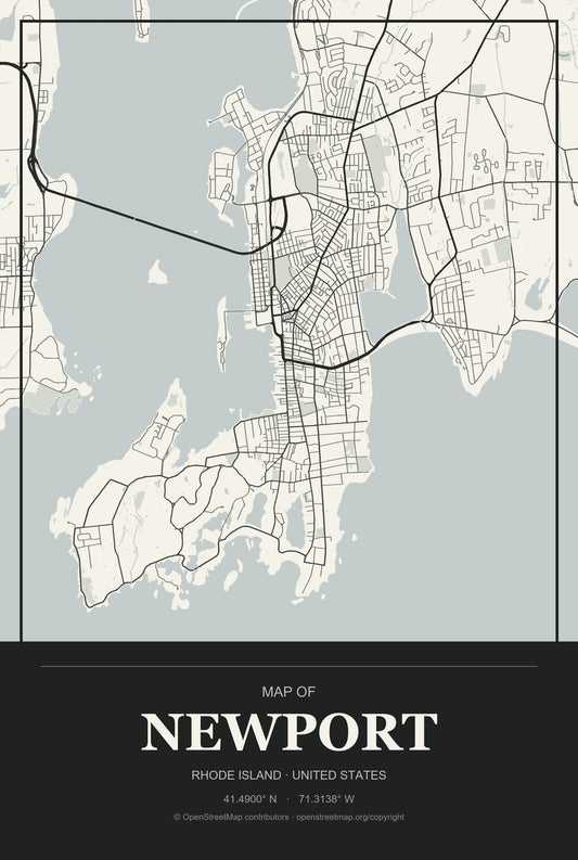 Newport, Rhode Island City Map Aluminum Sign in Museum Plaque style