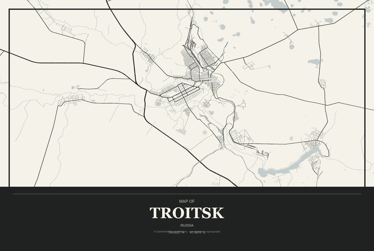 Troitsk, Chelyabinsk, Russia City Map Aluminum Sign in Museum Plaque style