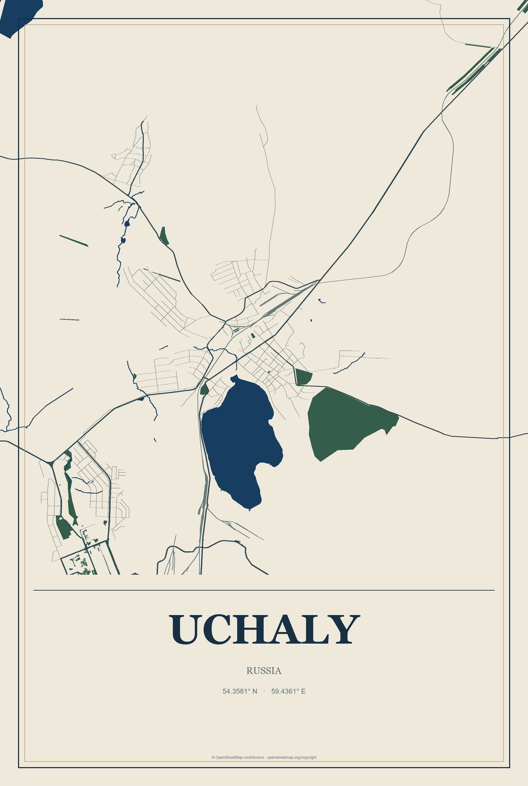Uchaly, Russia City Map Aluminum Sign in Coastal Cutout style