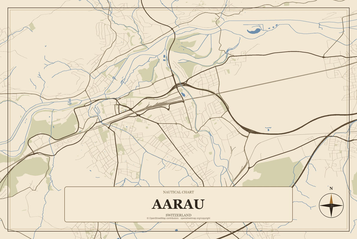 Aarau, Switzerland City Map Aluminum Sign in Heritage Nautical style