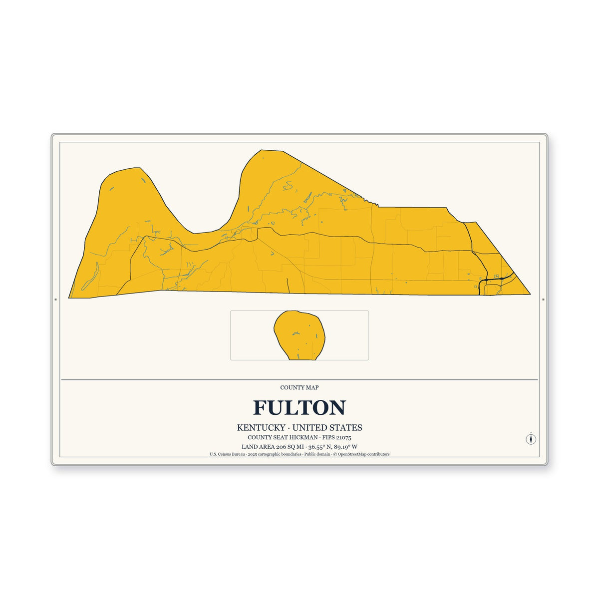 Fulton County, Kentucky Map Aluminum Sign in Citrine Modern style