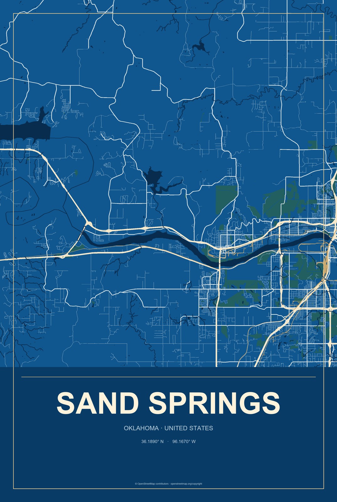 Sand Springs, Oklahoma City Map Aluminum Sign in Harbor Cobalt style