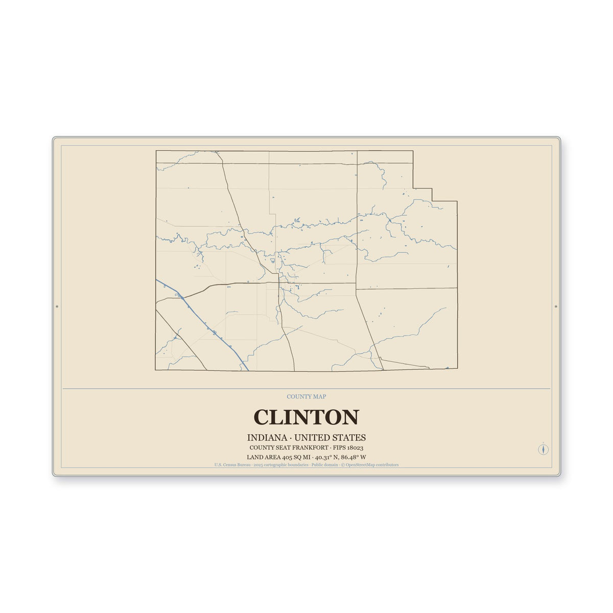 Clinton County, Indiana Map Aluminum Sign in Heritage Nautical style