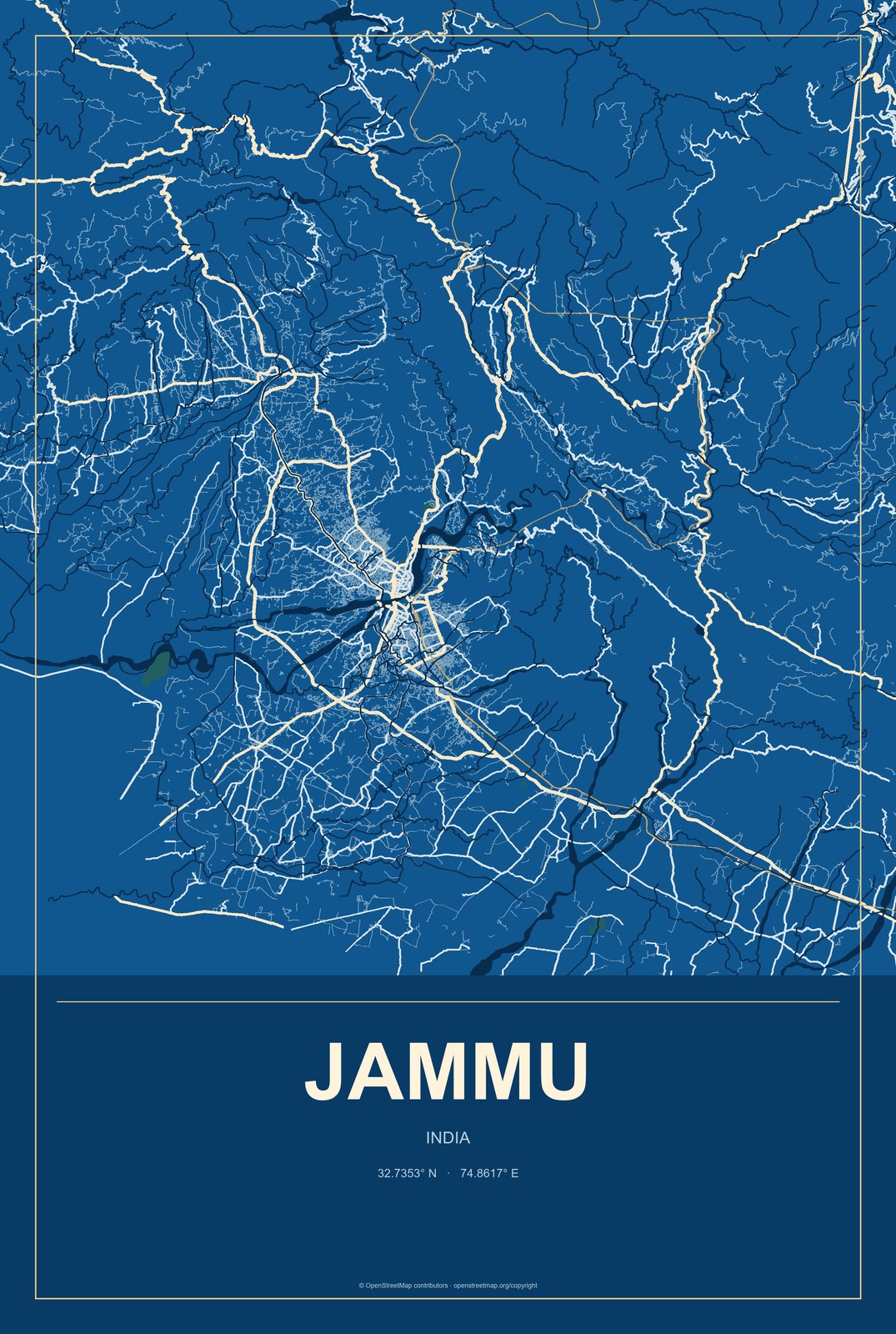 Jammu, India City Map Aluminum Sign in Harbor Cobalt style
