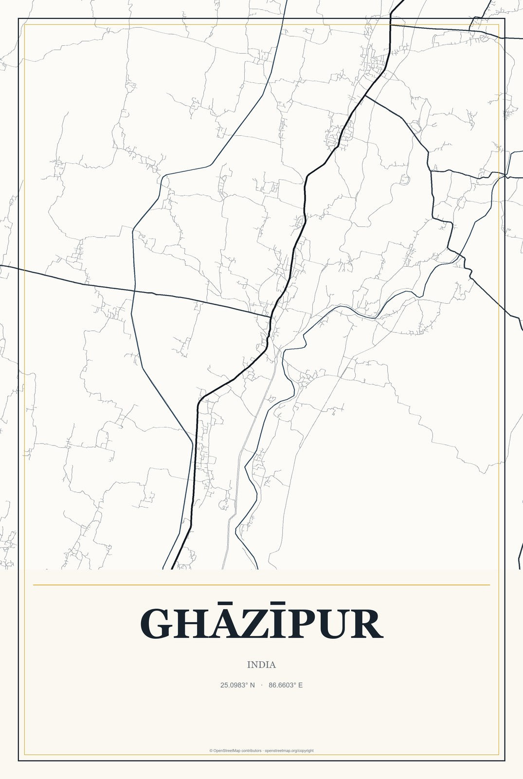 Ghāzīpur, India City Map Aluminum Sign in Citrine Modern style