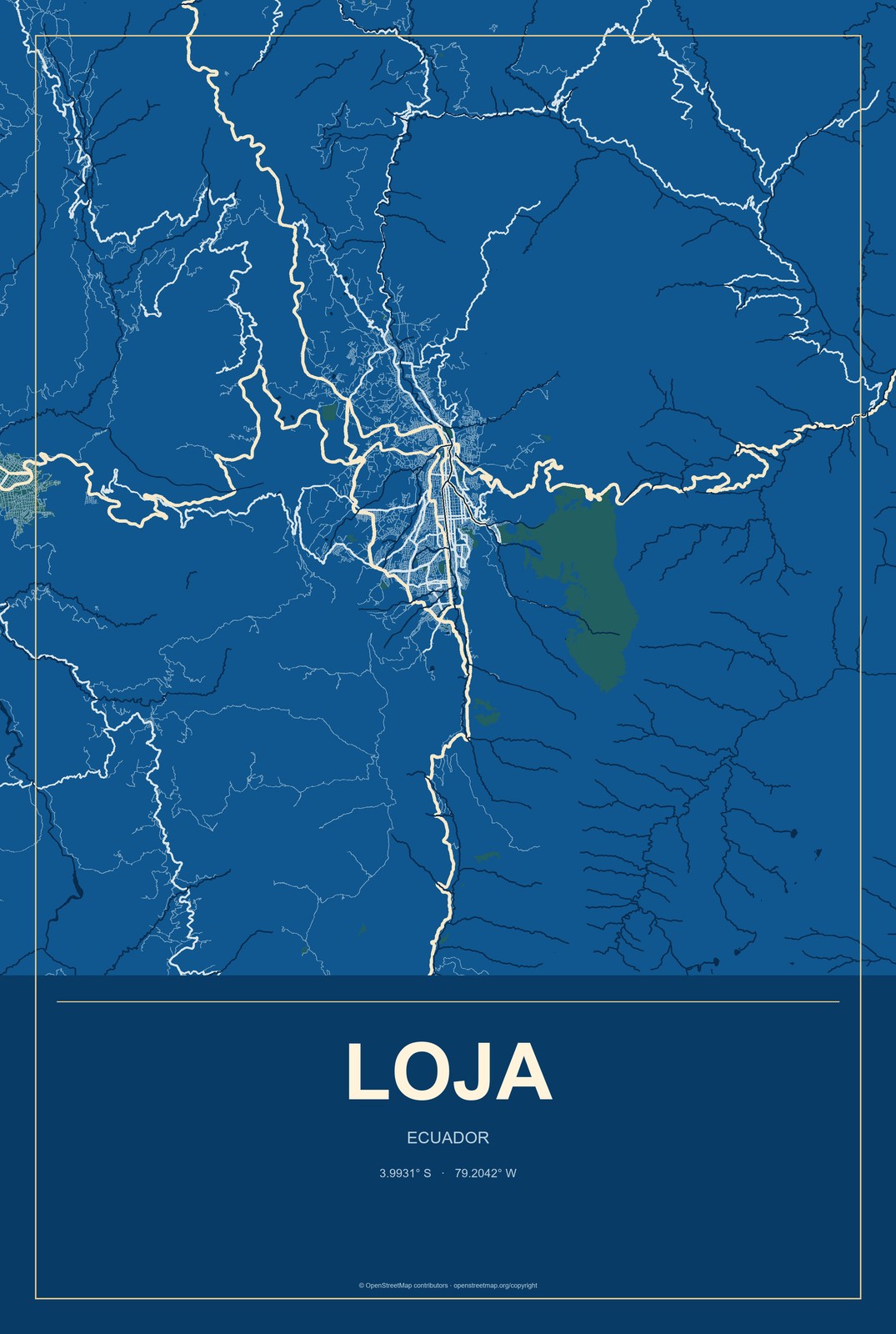 Loja, Ecuador City Map Aluminum Sign in Harbor Cobalt style