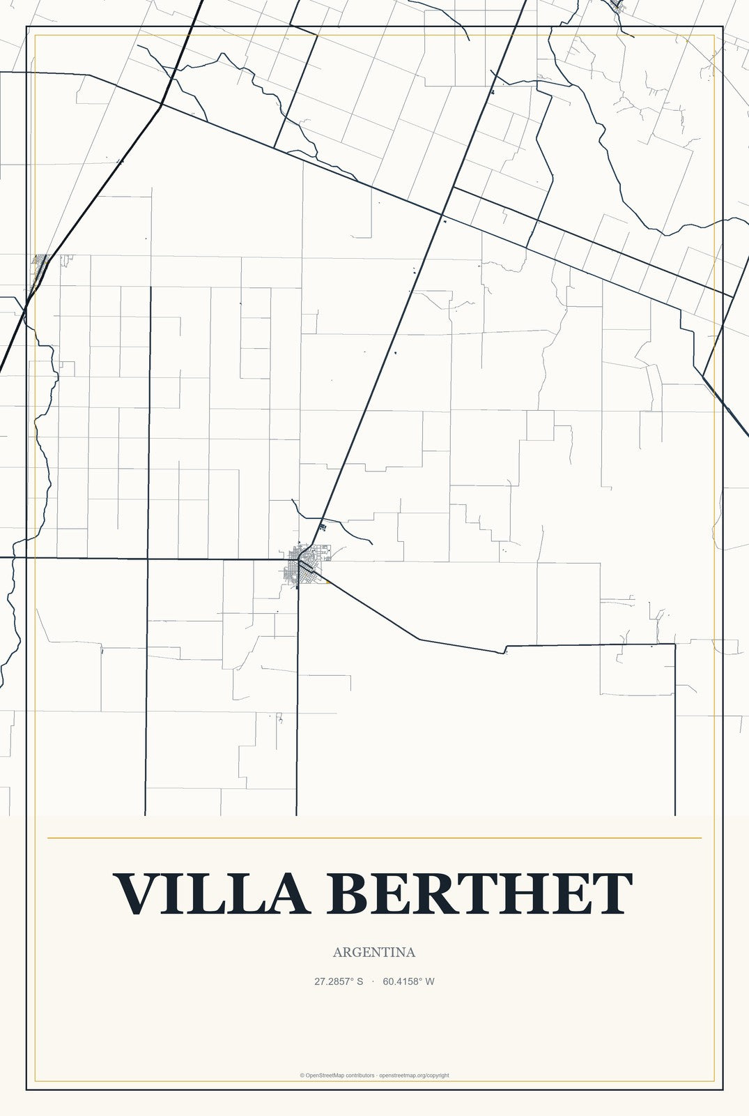 Villa Berthet, Argentina City Map Aluminum Sign in Citrine Modern style