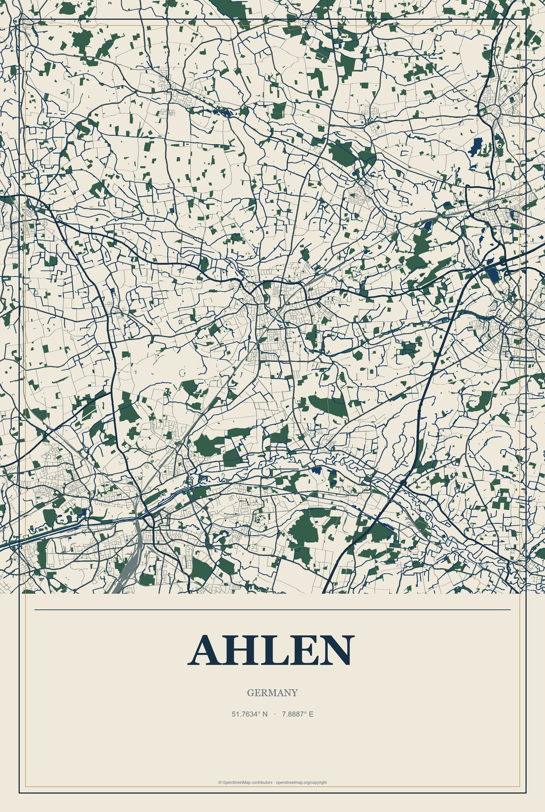 Ahlen, Germany City Map Aluminum Sign in Coastal Cutout style