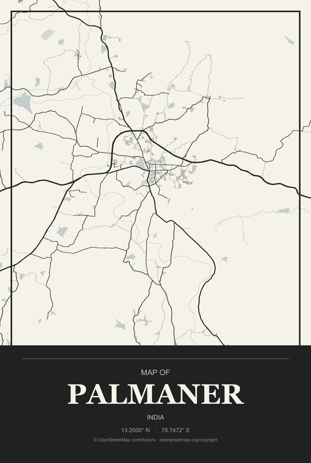 Palmaner, India City Map Aluminum Sign in Museum Plaque style
