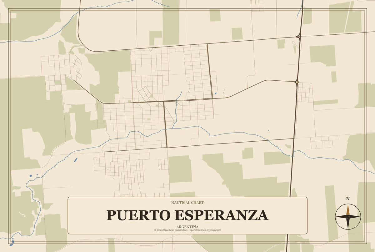 Puerto Esperanza, Argentina City Map Aluminum Sign in Heritage Nautical style