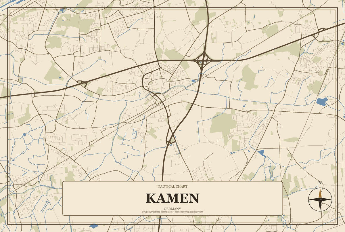 Kamen, Germany City Map Aluminum Sign in Heritage Nautical style