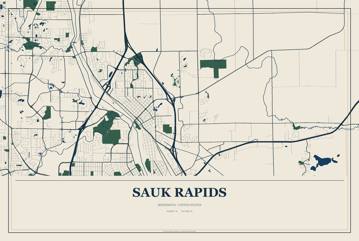 Sauk Rapids, Minnesota City Map Aluminum Sign in Coastal Cutout style