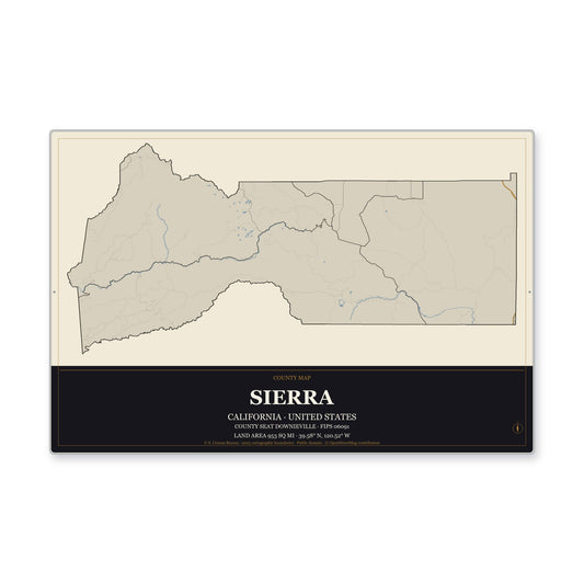 Sierra County, California Map Aluminum Sign in Museum Plaque style