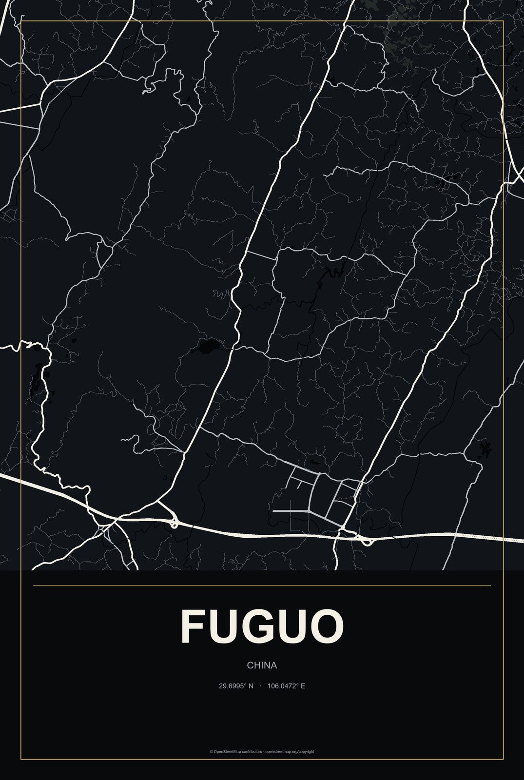 Fuguo, China City Map Aluminum Sign in Metropolitan Noir style