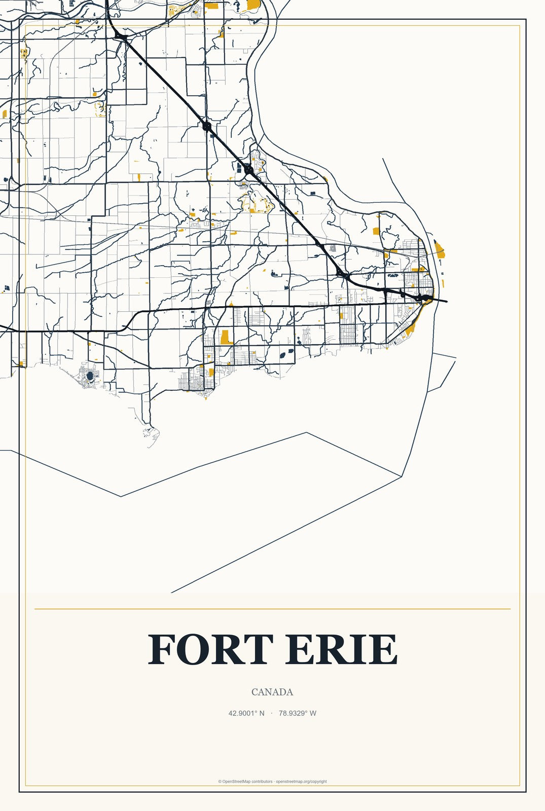 Fort Erie, Canada City Map Aluminum Sign in Citrine Modern style