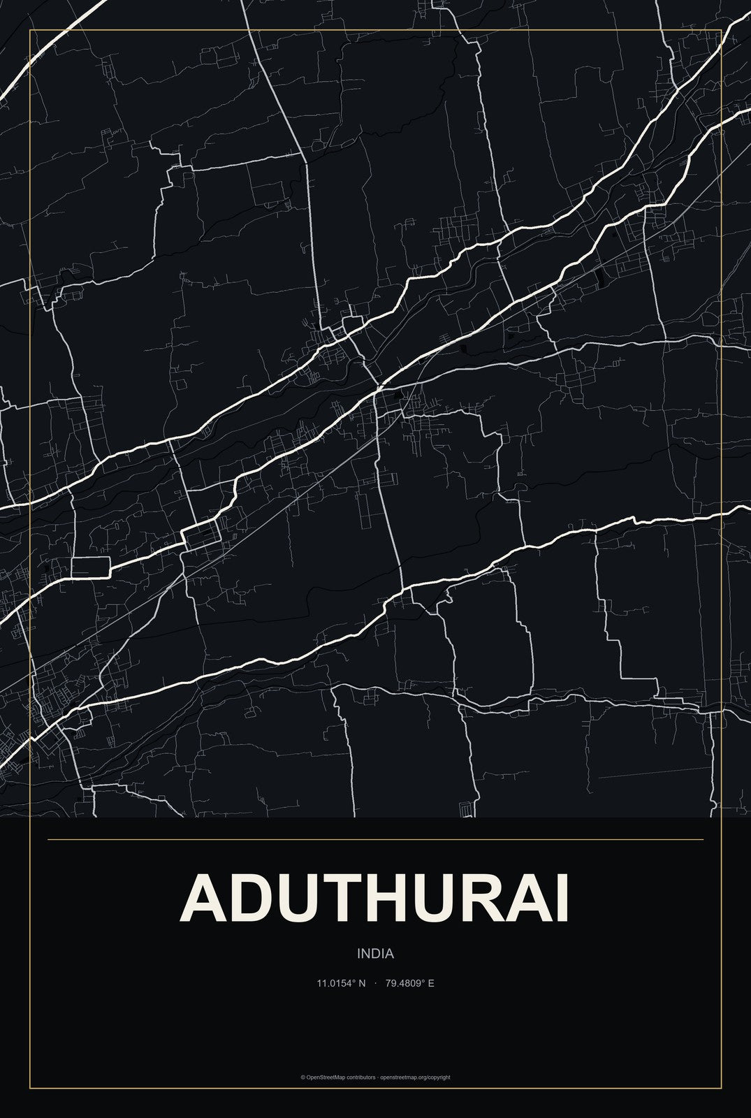 Aduthurai, India City Map Aluminum Sign in Metropolitan Noir style