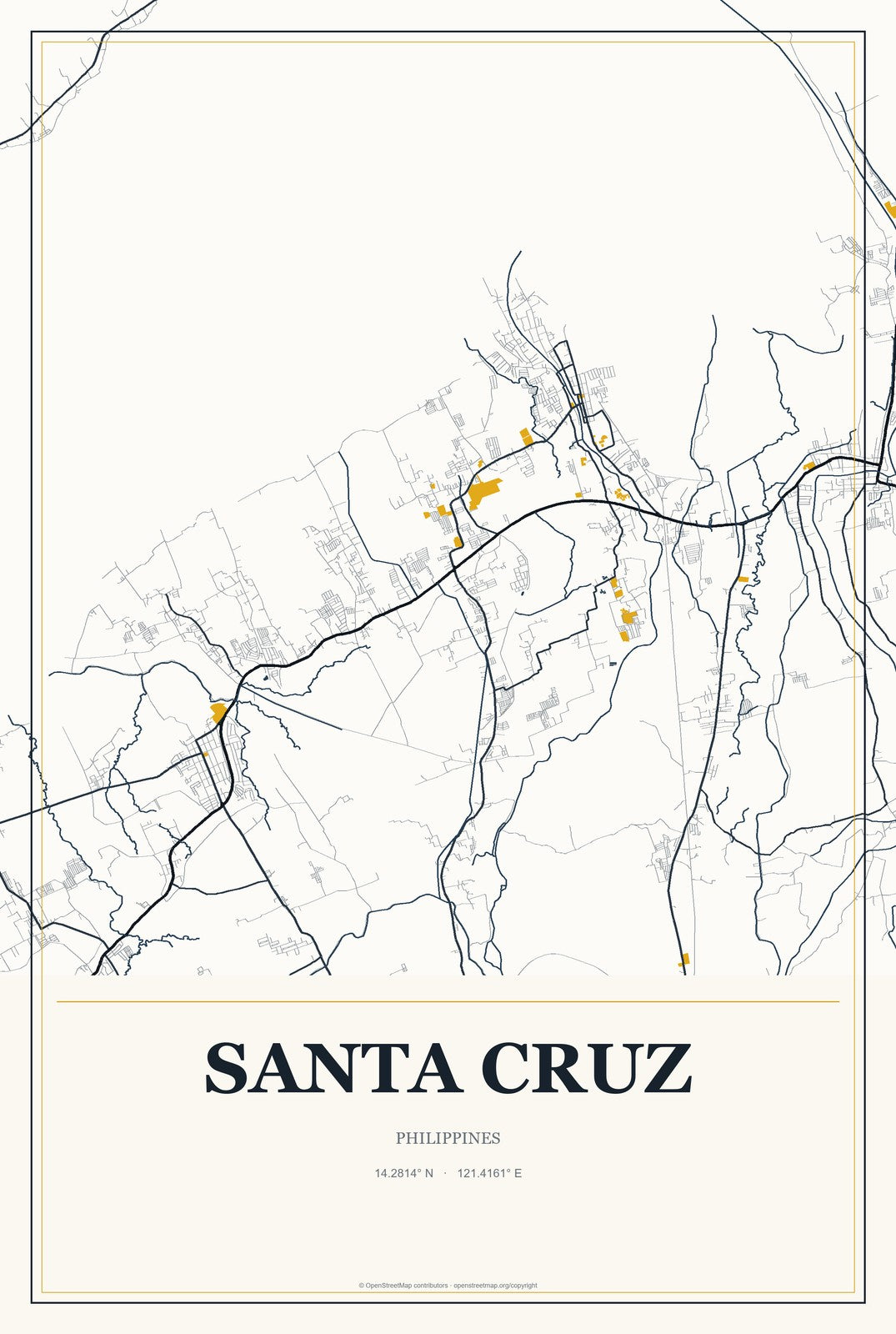 Santa Cruz, Central Luzon, Philippines City Map Aluminum Sign in Citrine Modern style