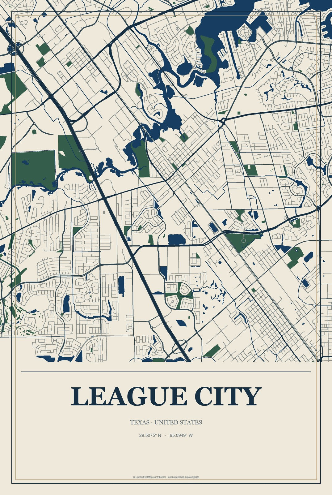 League City, Texas City Map Aluminum Sign in Coastal Cutout style