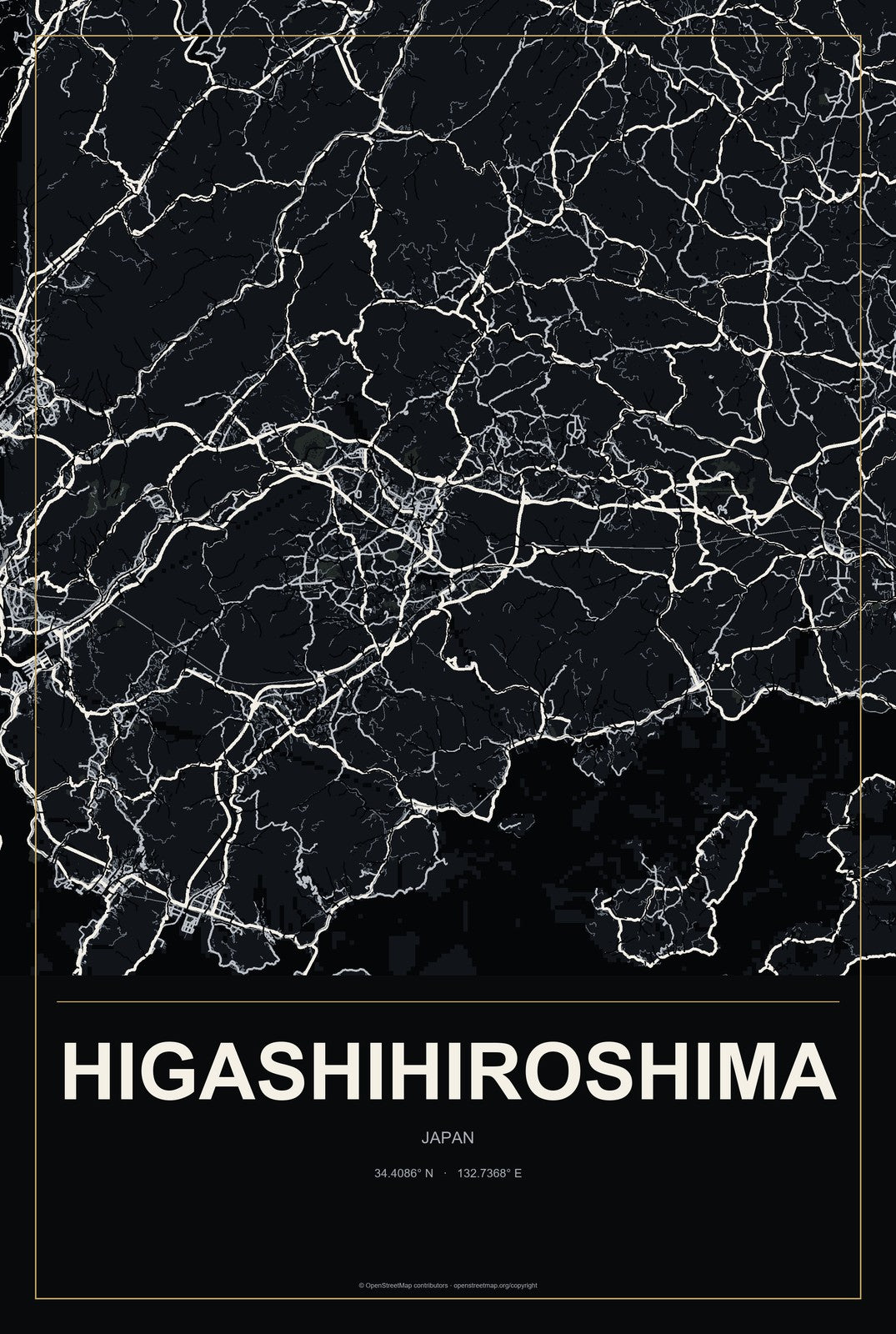 Higashihiroshima, Japan City Map Aluminum Sign in Metropolitan Noir style