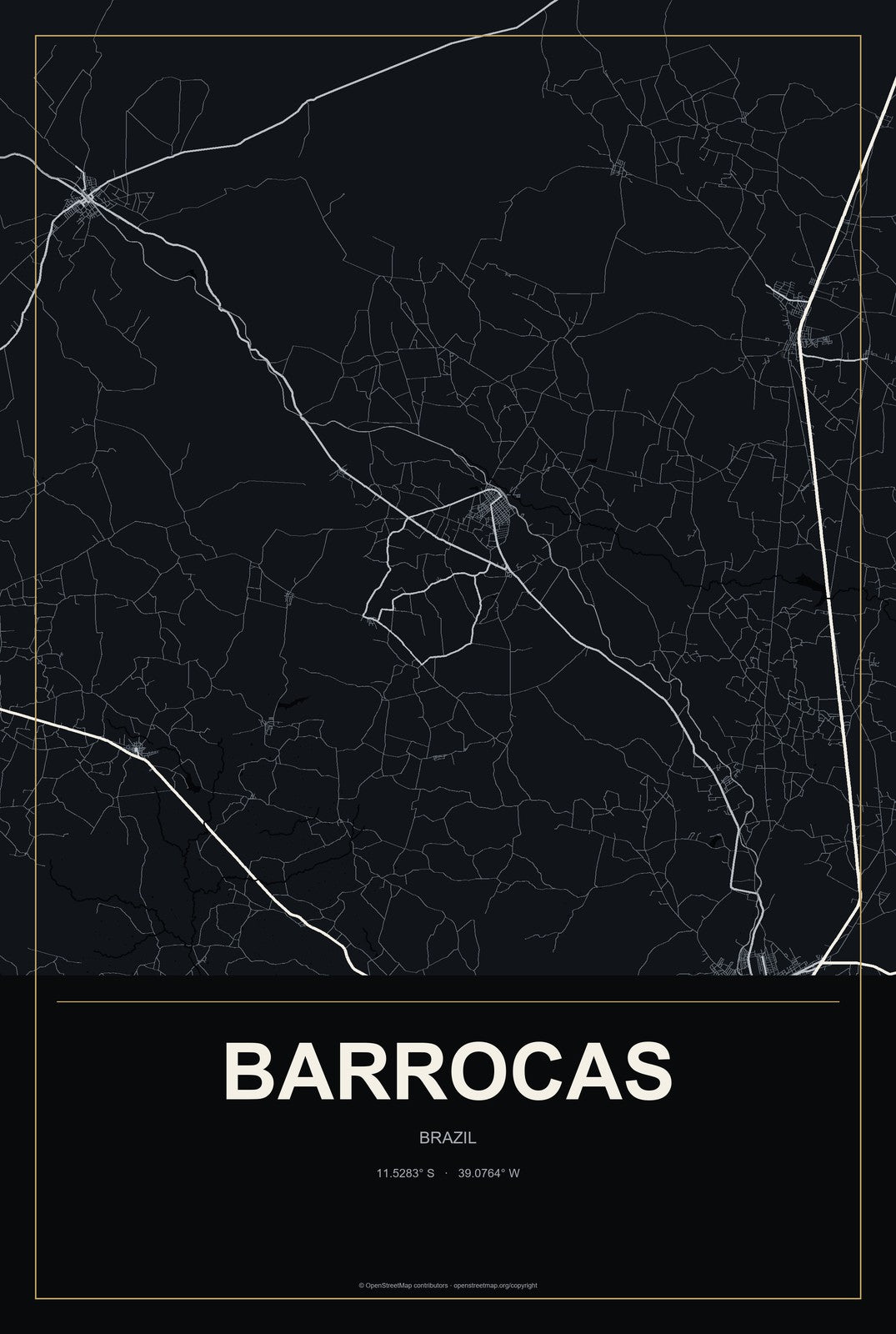 Barrocas, Brazil City Map Aluminum Sign in Metropolitan Noir style