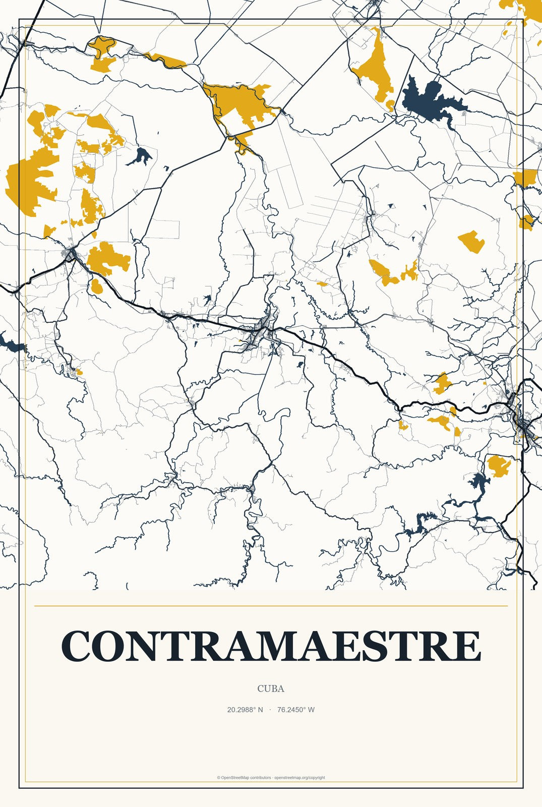 Contramaestre, Cuba City Map Aluminum Sign in Citrine Modern style