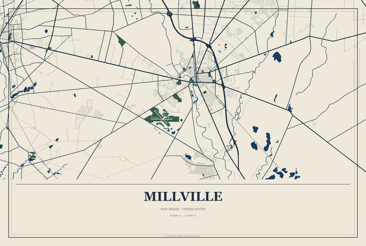 Millville, New Jersey City Map Aluminum Sign in Coastal Cutout style