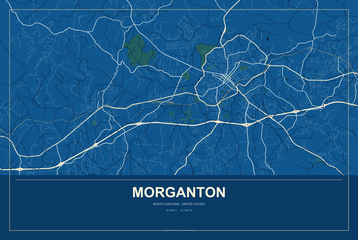 Morganton, North Carolina City Map Aluminum Sign in Harbor Cobalt style