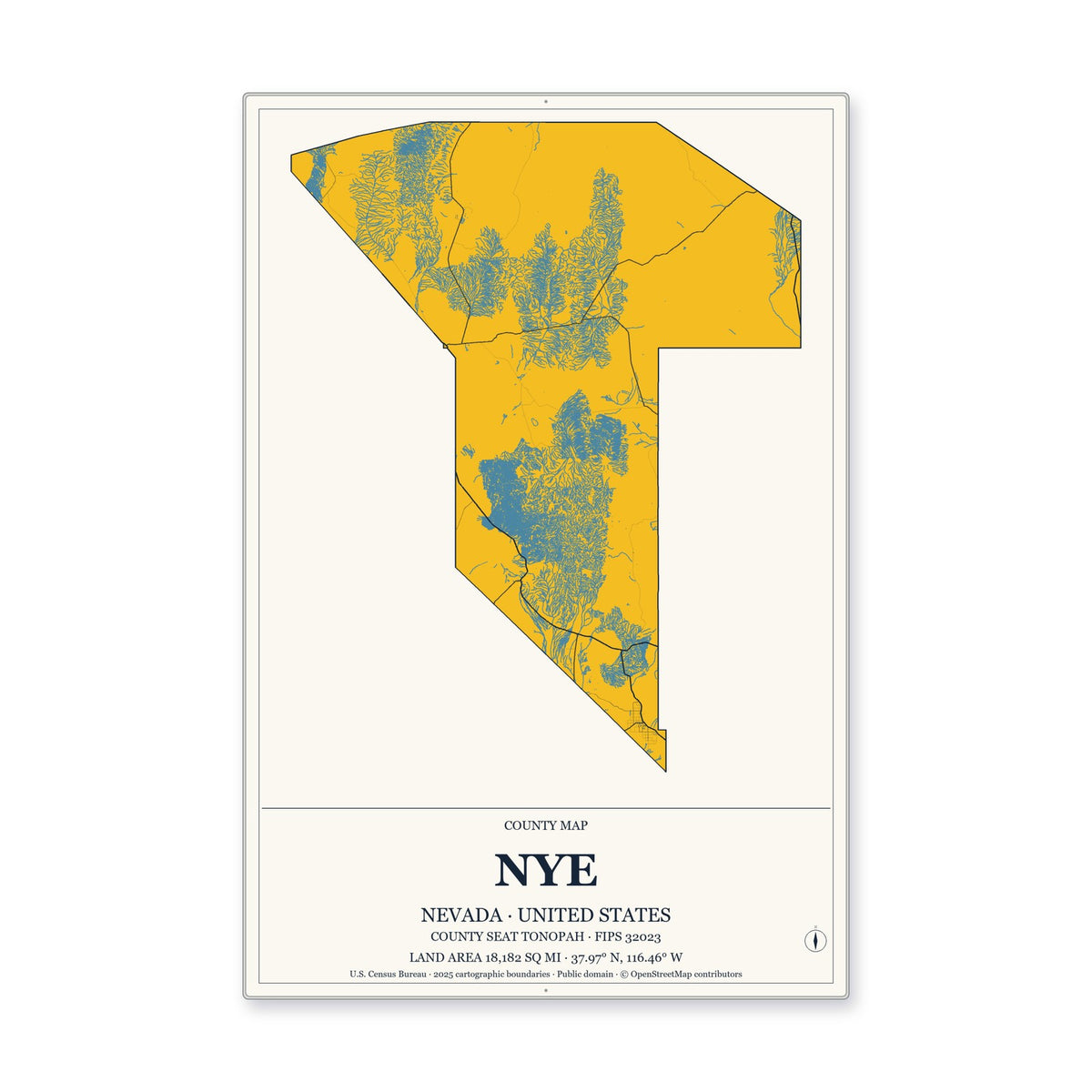 Nye County, Nevada Map Aluminum Sign in Citrine Modern style