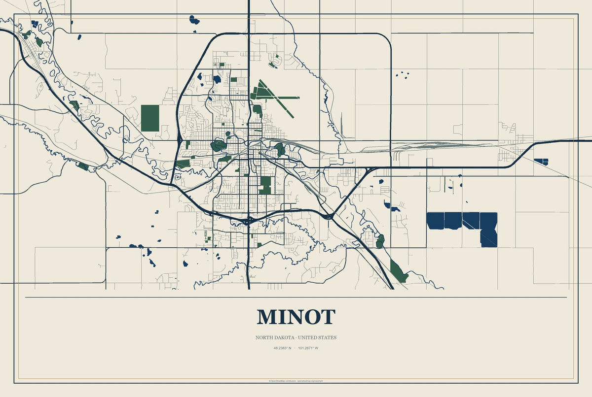 Minot, North Dakota City Map Aluminum Sign in Coastal Cutout style