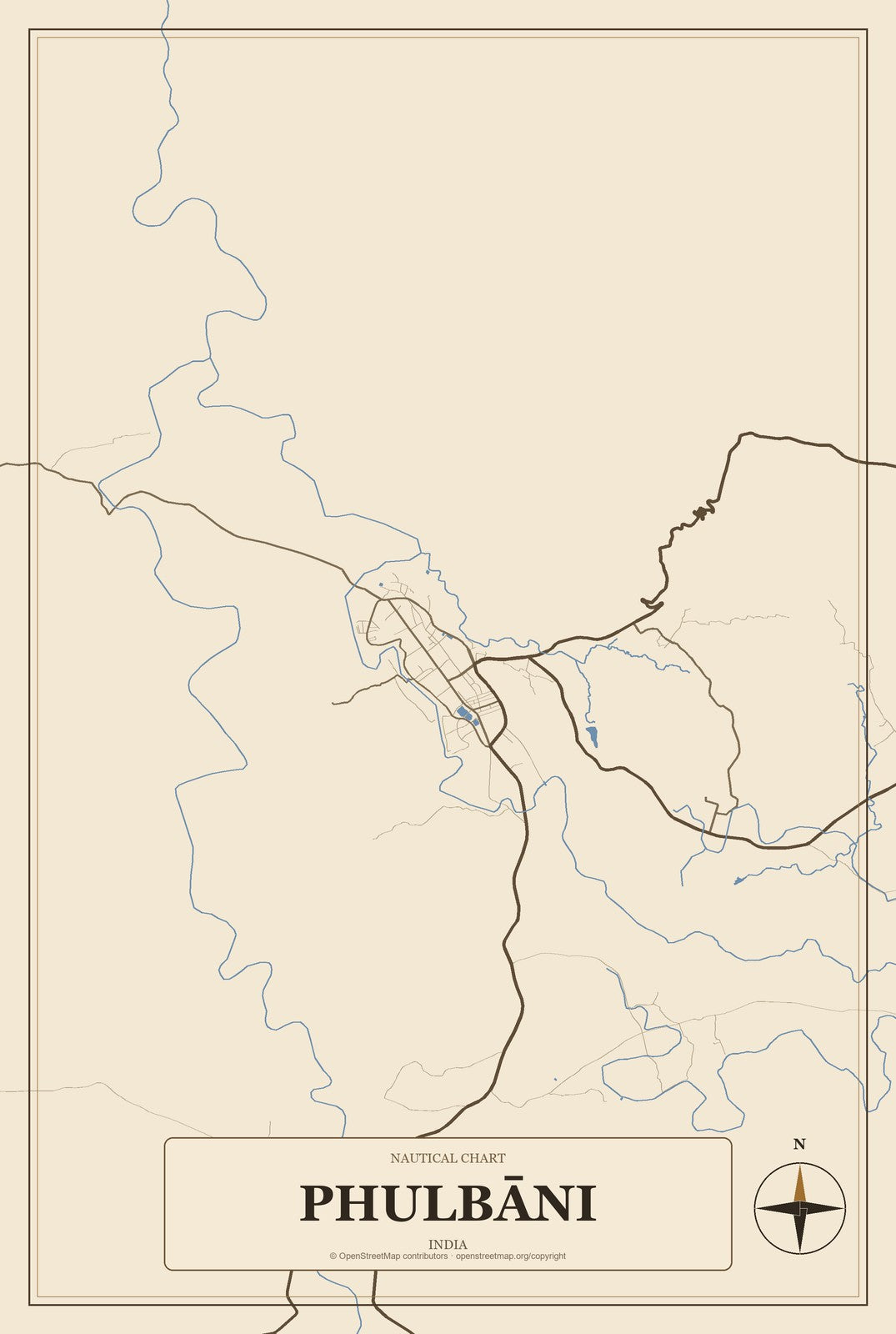 Phulbāni, India City Map Aluminum Sign in Heritage Nautical style