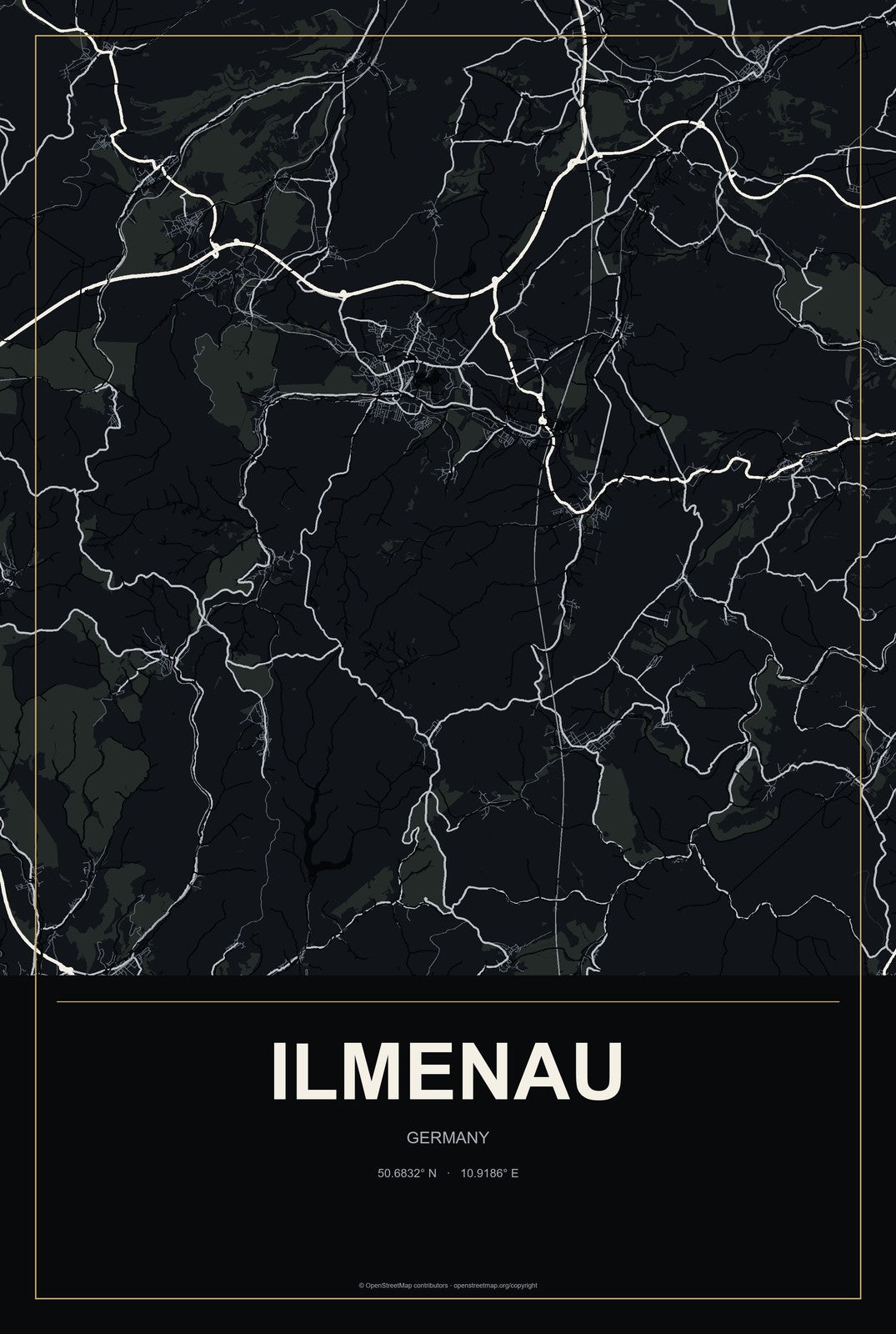 Ilmenau, Germany City Map Aluminum Sign in Metropolitan Noir style