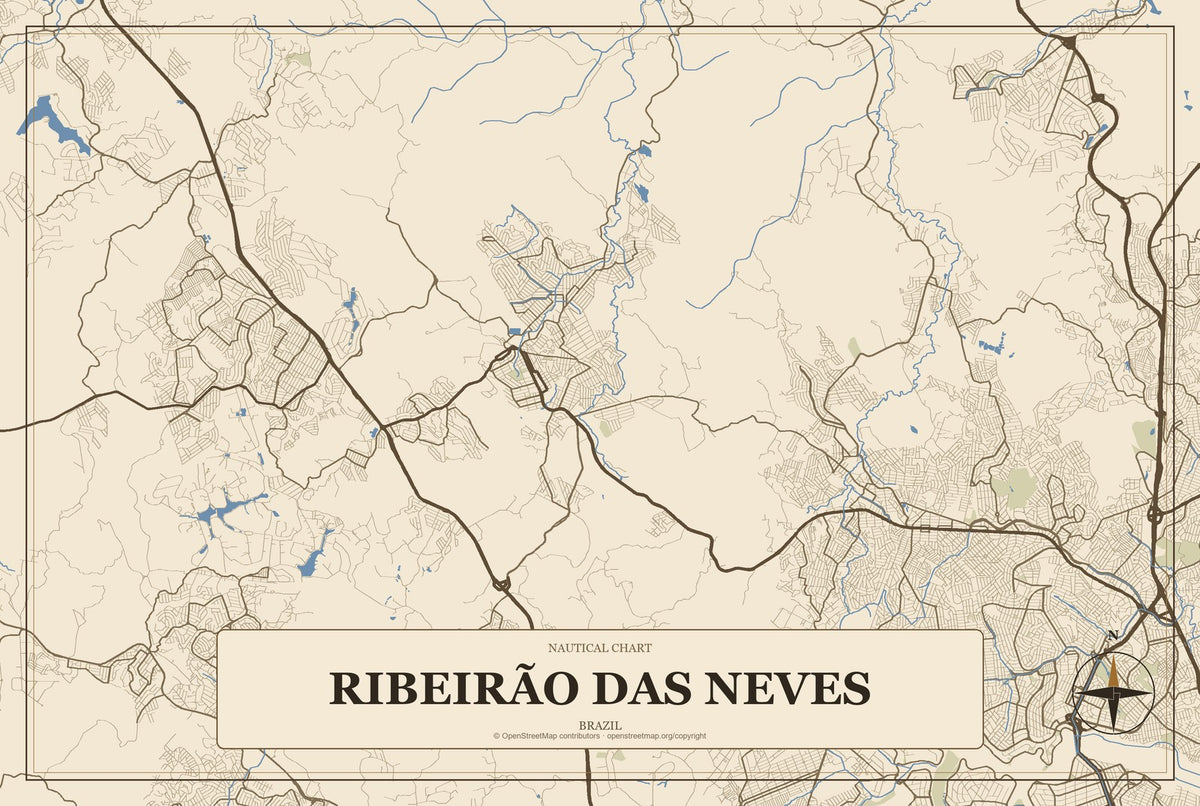 Ribeirão das Neves, Brazil City Map Aluminum Sign in Heritage Nautical style