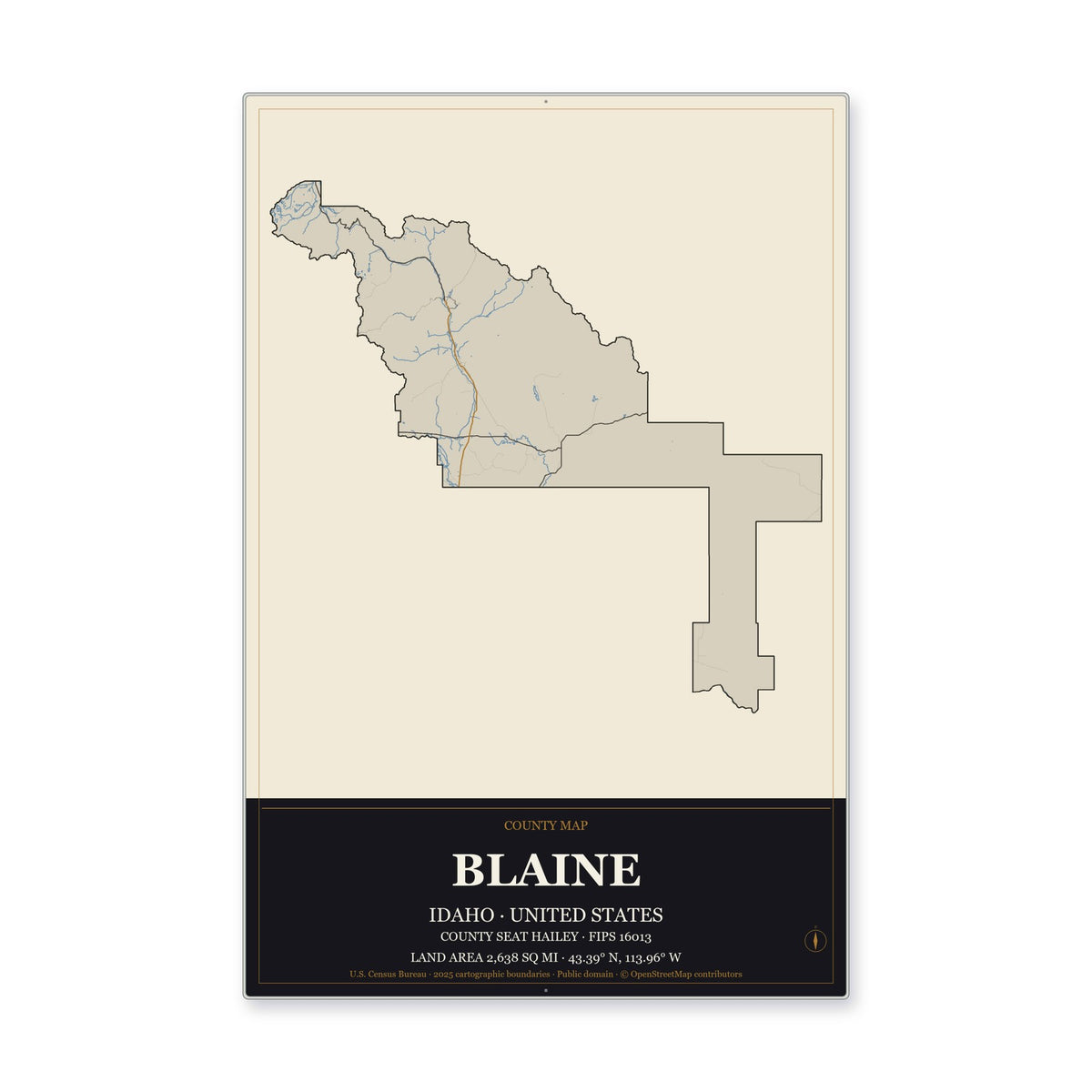Blaine County, Idaho Map Aluminum Sign in Museum Plaque style