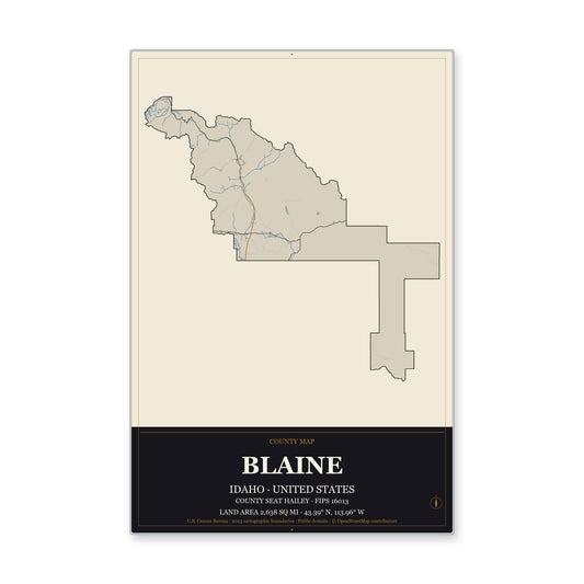 Blaine County, Idaho Map Aluminum Sign in Museum Plaque style