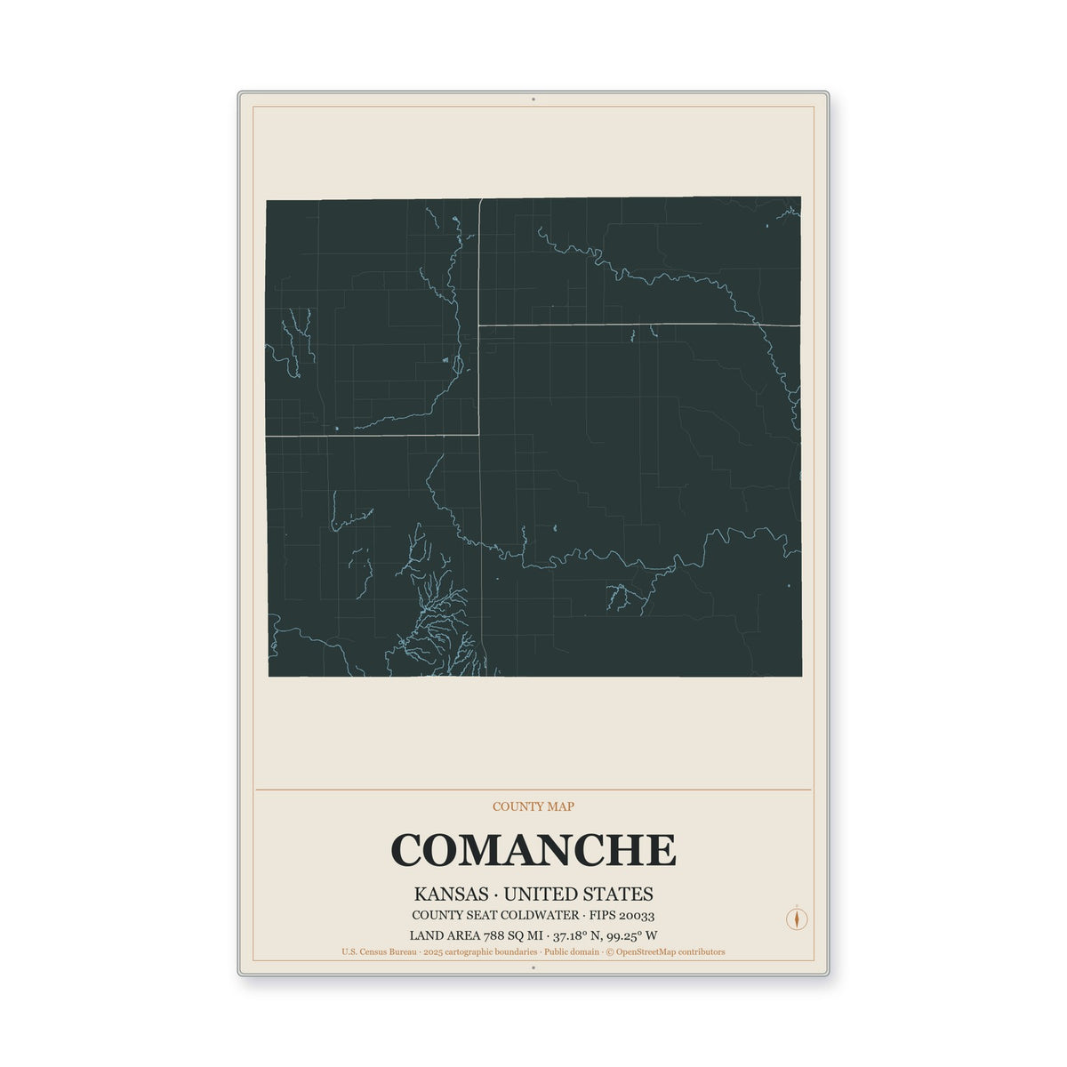 Comanche County, Kansas Map Aluminum Sign in Headline Atlas style