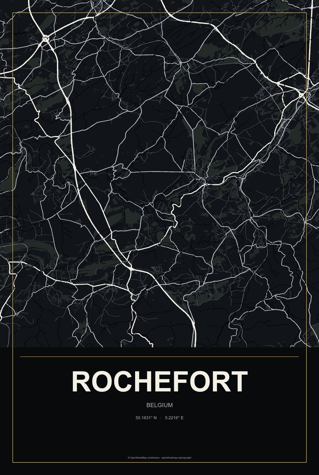 Rochefort, Belgium City Map Aluminum Sign in Metropolitan Noir style
