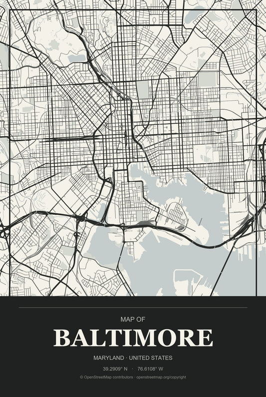 Baltimore, Maryland City Map Aluminum Sign in Museum Plaque style
