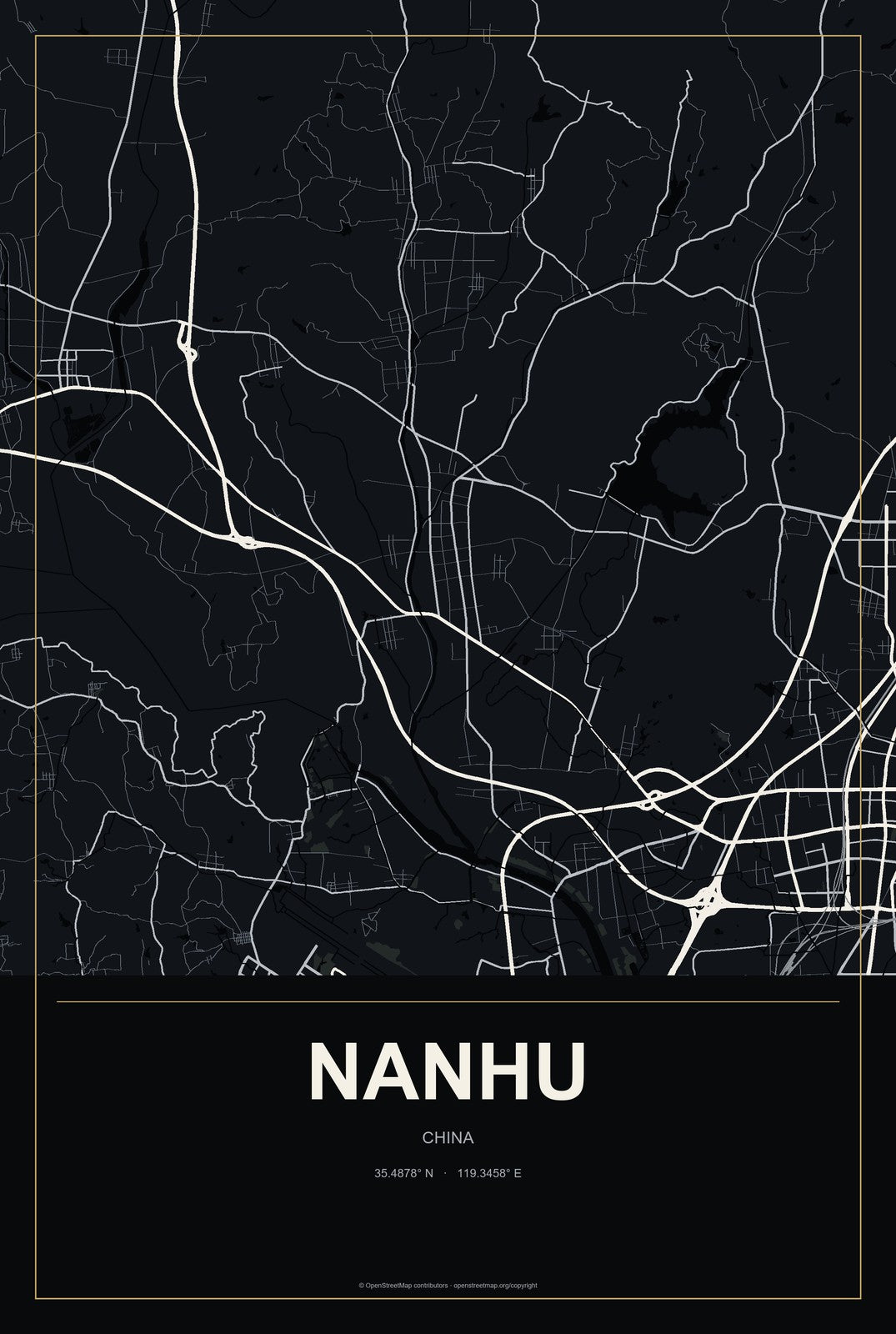 Nanhu, China City Map Aluminum Sign in Metropolitan Noir style