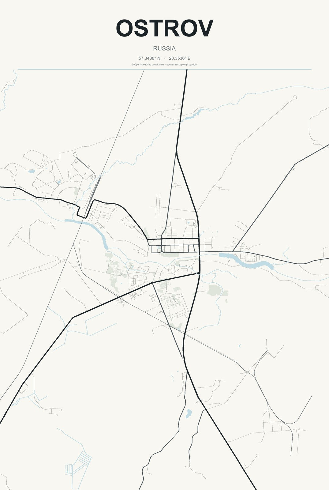 Ostrov, Russia City Map Aluminum Sign in Headline Atlas style