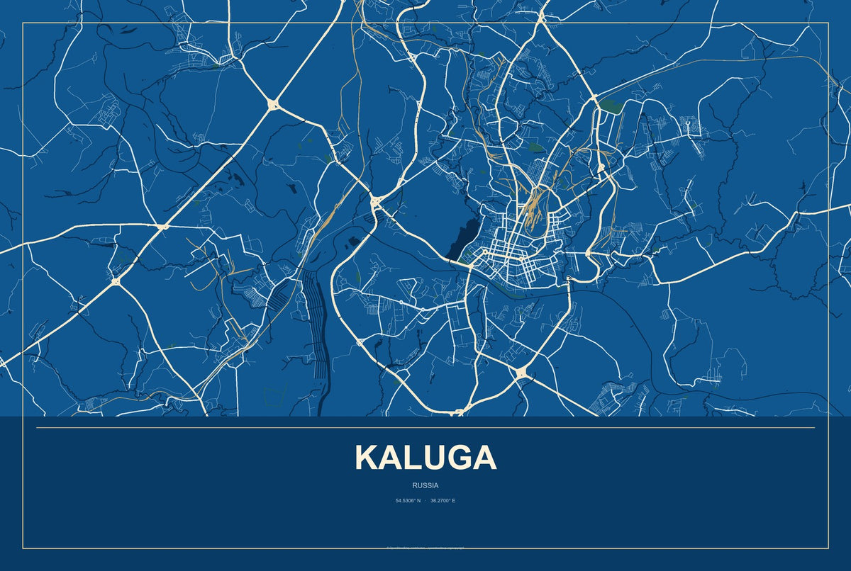 Kaluga, Russia City Map Aluminum Sign in Harbor Cobalt style