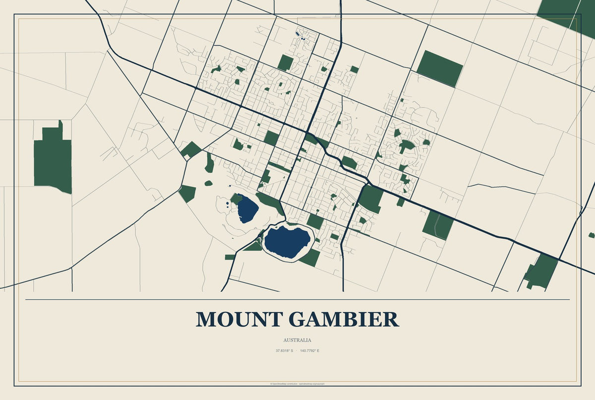 Mount Gambier, Australia City Map Aluminum Sign in Coastal Cutout style