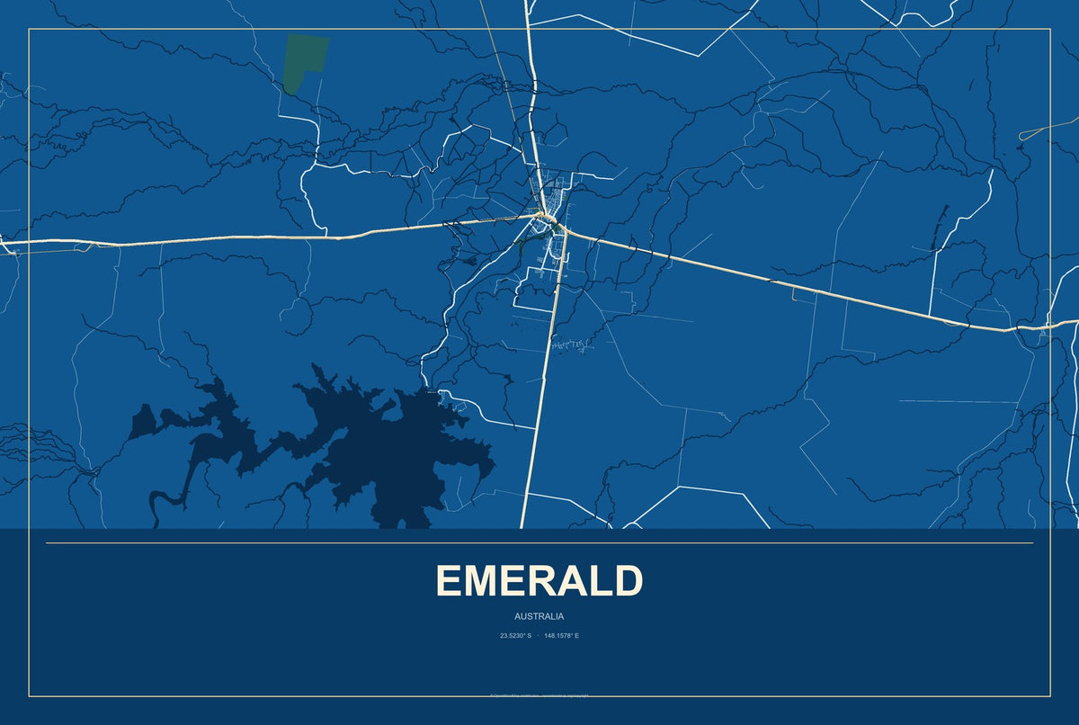 Emerald, Australia City Map Aluminum Sign in Harbor Cobalt style