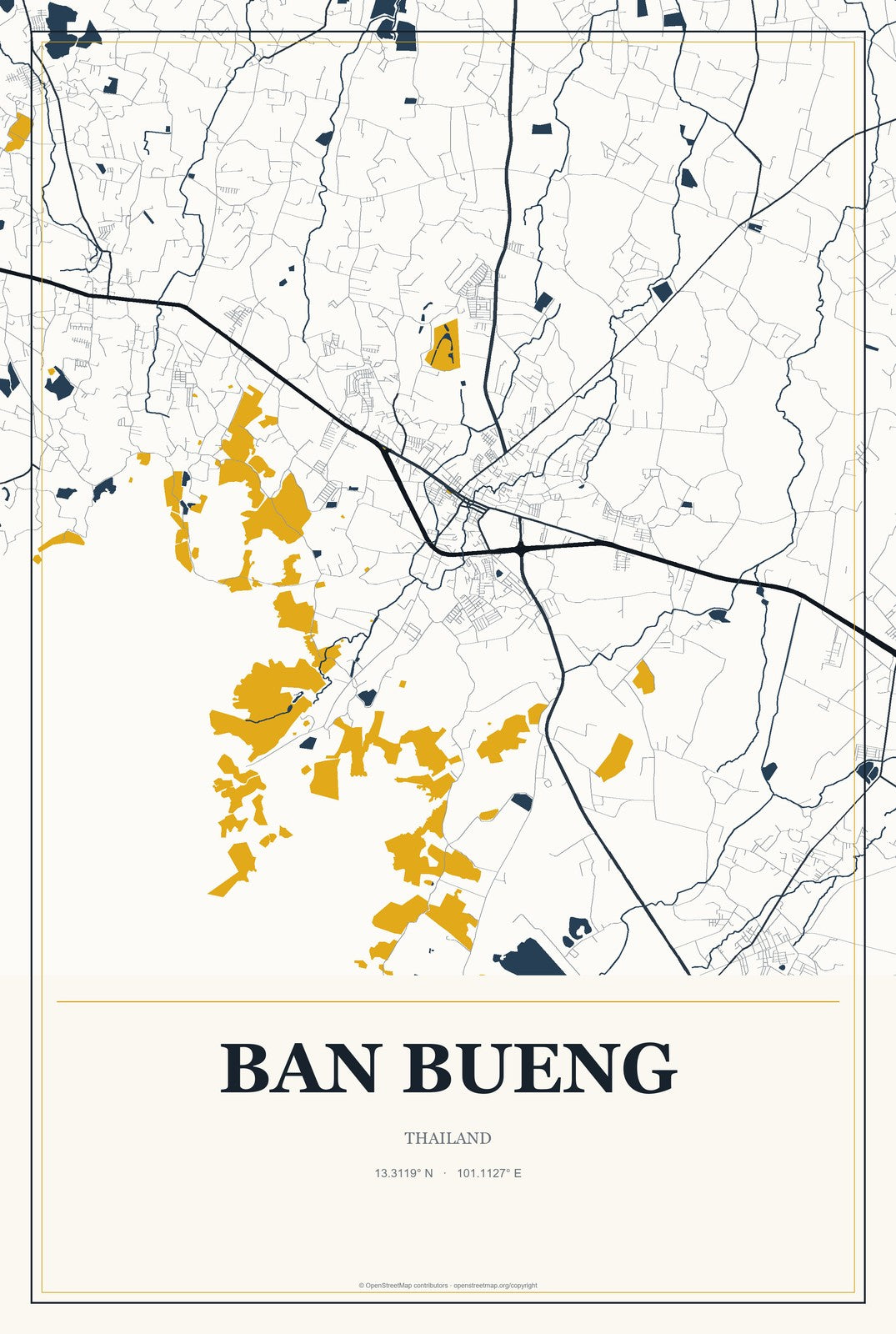 Ban Bueng, Thailand City Map Aluminum Sign in Citrine Modern style